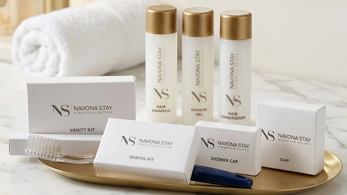 Esempio di linea cortesia personalizzata per hotel con logo: set completo di flaconi e accessori coordinati su vassoio dorato.