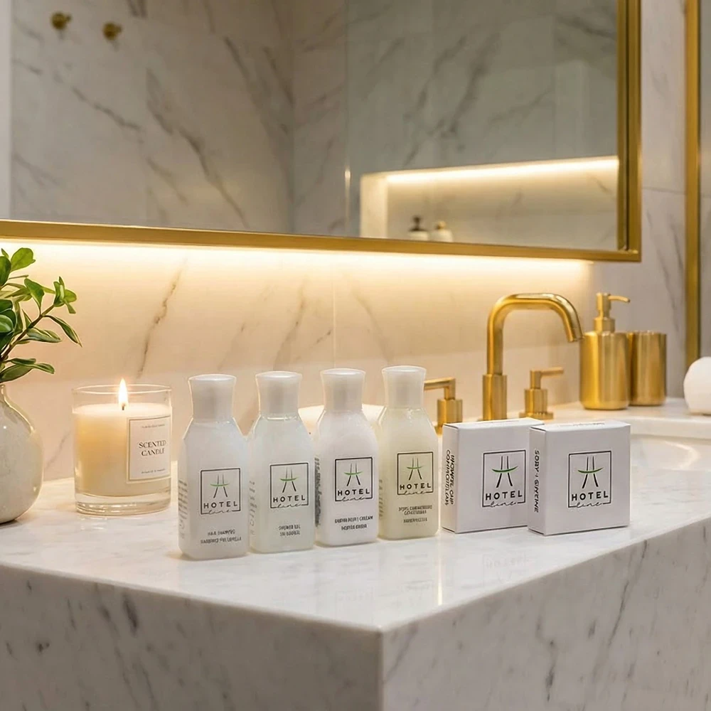 Starter kit hotel con flaconi e saponette personalizzate su piano in marmo illuminato