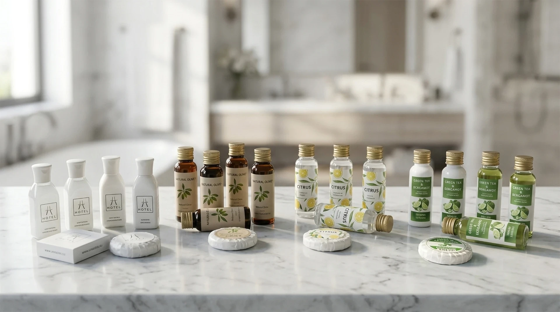 Starter Kit completo Hotel Line: panoramica delle 4 linee cortesia Natural Olive, Citrus, Green Tea & Bergamot e Hotel Line per forniture alberghiere.