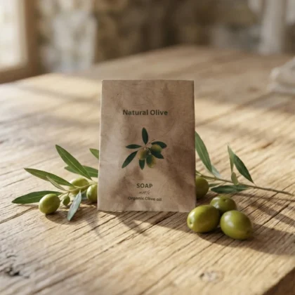 Saponetta hotel biologica all'olio di oliva in sacchetto di carta avana ecologica.