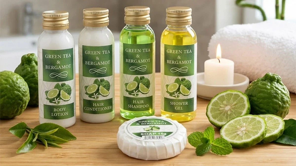 Linea cortesia Green Tea e Bergamot per Boutique Hotel e Spa. Kit benvenuto rigenerante ed elegante.