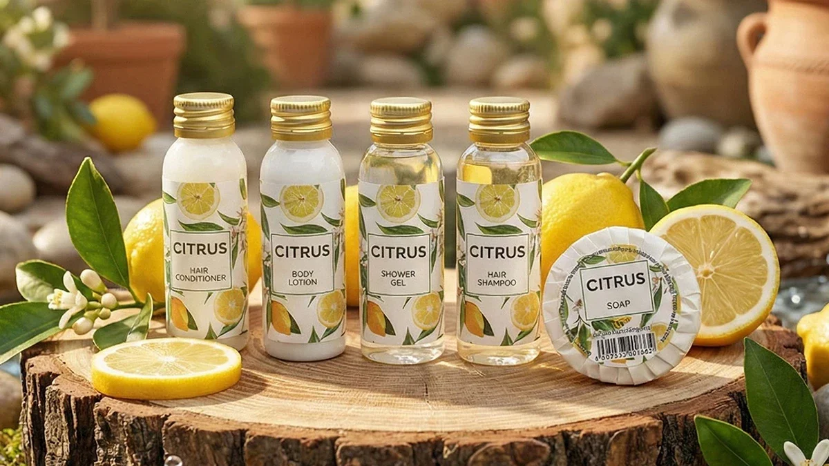 Linea cortesia Citrus per hotel e B&B: set di benvenuto completo agli agrumi con flaconi e saponetta su sfondo naturale.