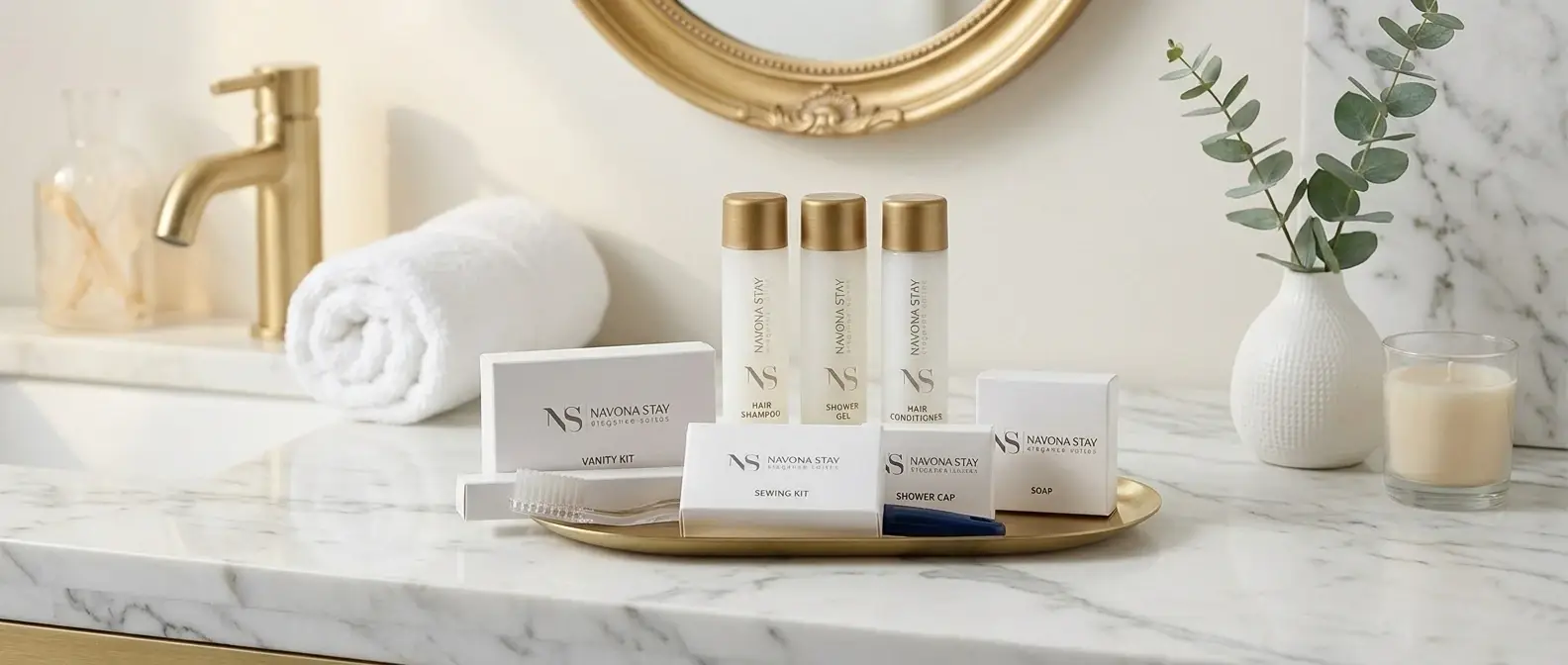 Set cortesia hotel personalizzato con logo su vassoio d'oro, flaconi con tappo oro e amenities bianche su marmo.