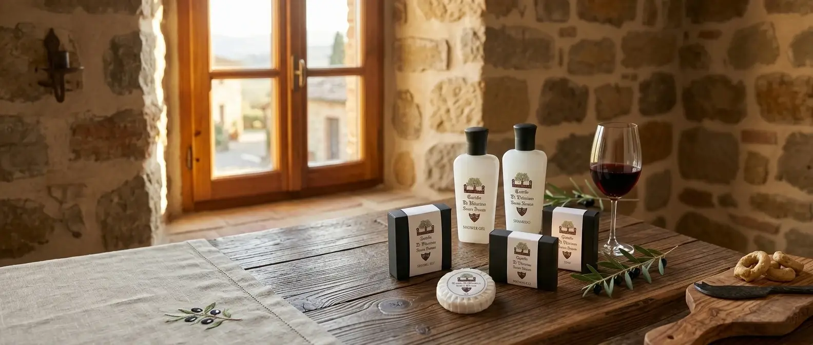 Set cortesia personalizzato per agriturismi e tenute, flaconi e saponi con logo su tavolo in legno rustico con calice di vino.