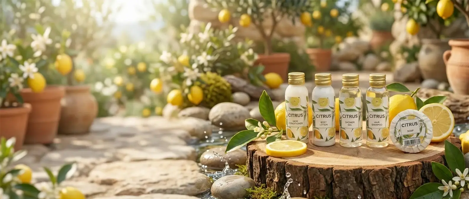 Set cortesia Citrus agli agrumi in pronta consegna, flaconi e sapone su tronco di legno con limoni freschi e fiori d'arancio.
