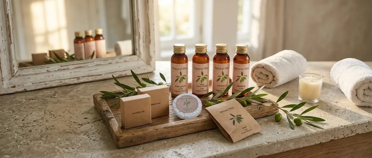 Set cortesia naturale all'olio d'oliva con flaconi e saponi confezionati in carta ecologica, disponibile in pronta consegna per Hotel e B&B.